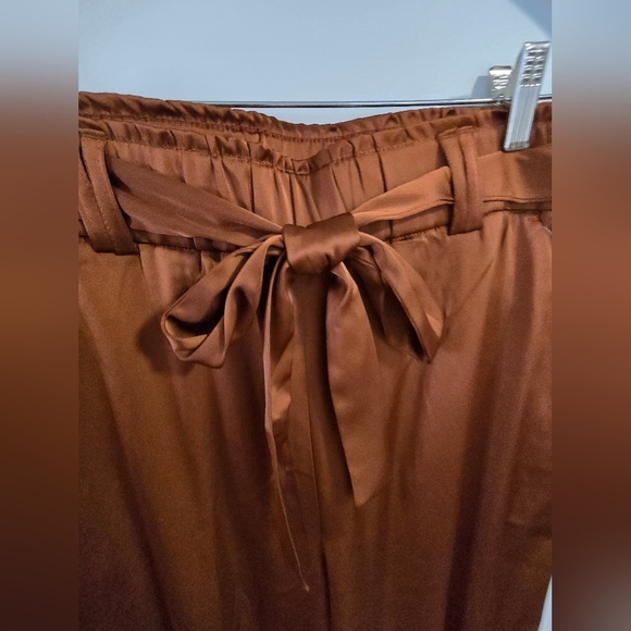 JOIE Camel Rich Brown Satin Wide-Leg Pants Bow Belt Size M - Picture 4 of 8